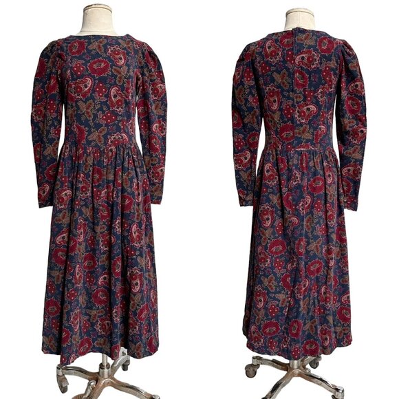 80s Vintage Laura Ashley Dress Corduroy Floral Paisley Puff Long Sleeve Maxi. - Picture 1 of 9